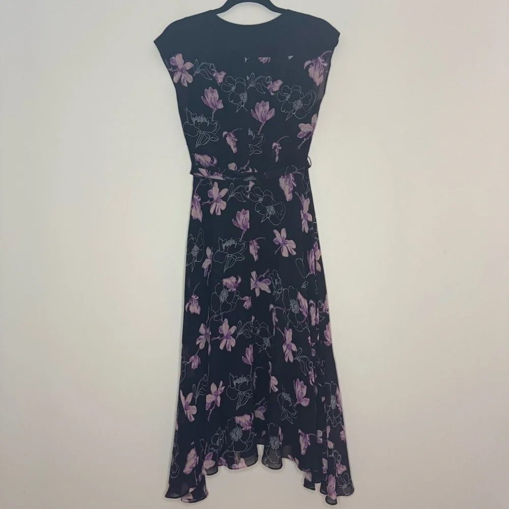 CLUB MONACO Purple Floral Silk Cocktail Flowy Belted Midi Dress